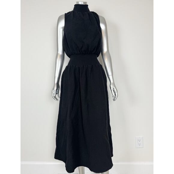 Sundays Double Gauze Midi Dress High Neck Smocked Pockets L - Picture 1 of 7